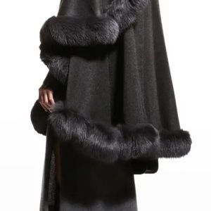 Sophia Cashmere Fox Fur Trimmed U Cape Sweater Coat Charcoal Gray
